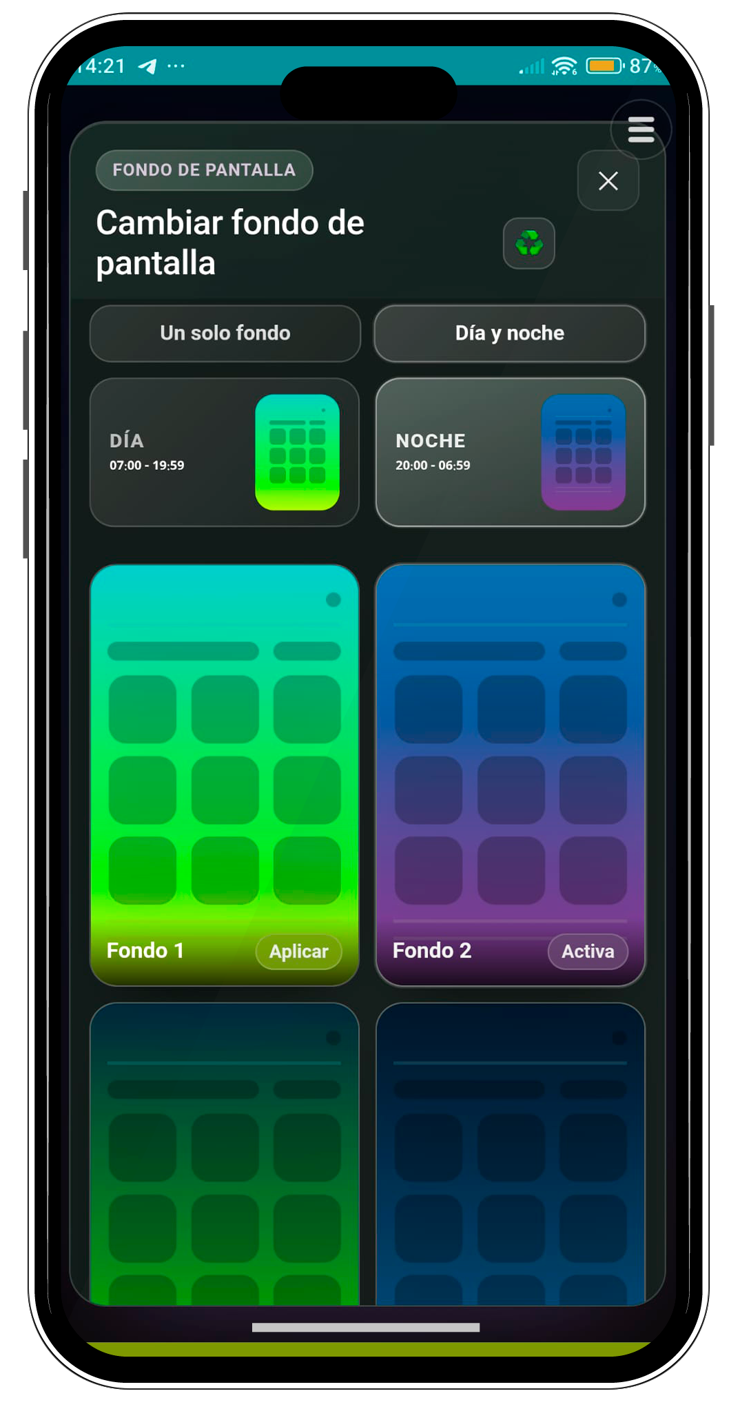 Captura real de personalización visual en la app